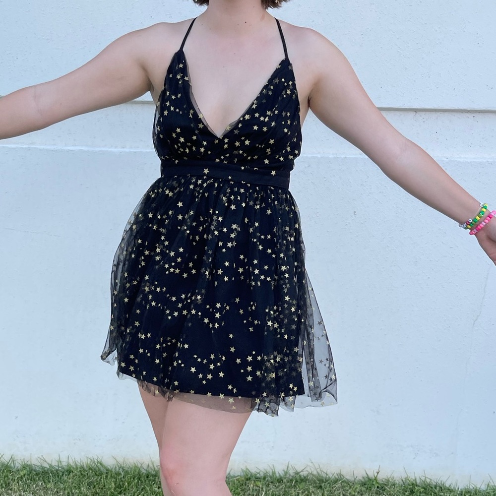Favorite Moment Gold and Black Star Print Skater Dress